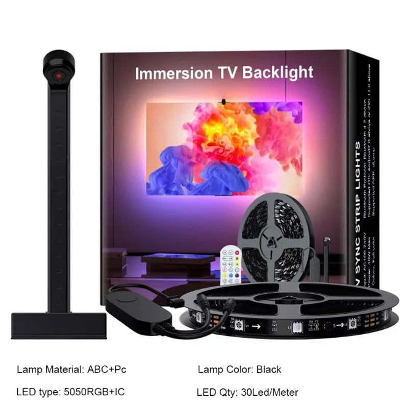 Tira de luces LED inteligentes con retroiluminación sincronizada con música para TV y captación de color, pantalla de 50 a 75 pulgadas, control remoto por aplicación para juegos, luz ambiental para el hogar.