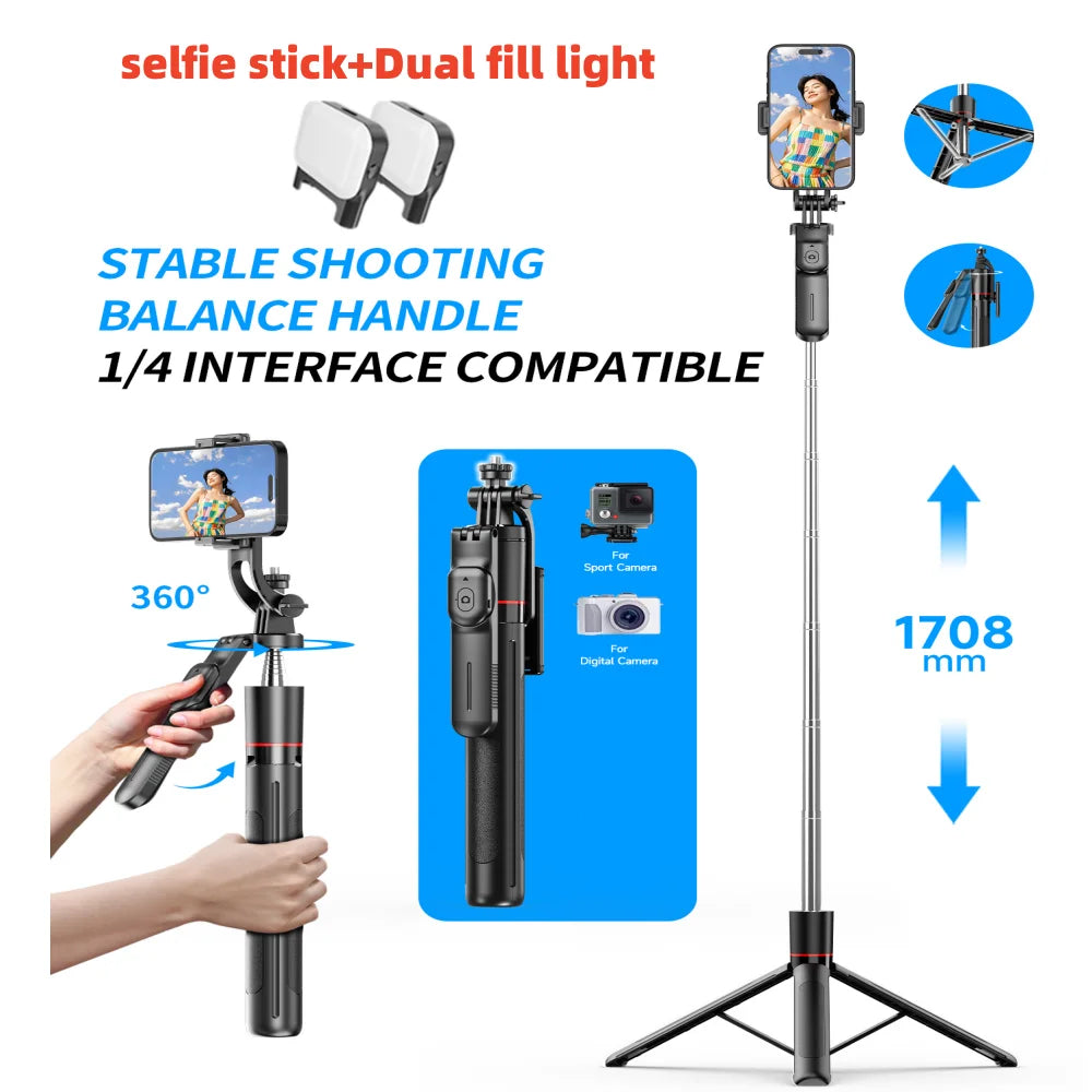 Trípode para selfies MEUYAG con monopié de (1708)mm y control remoto Bluetooth con rotación de 360° e interfaz 1/4 para movil.