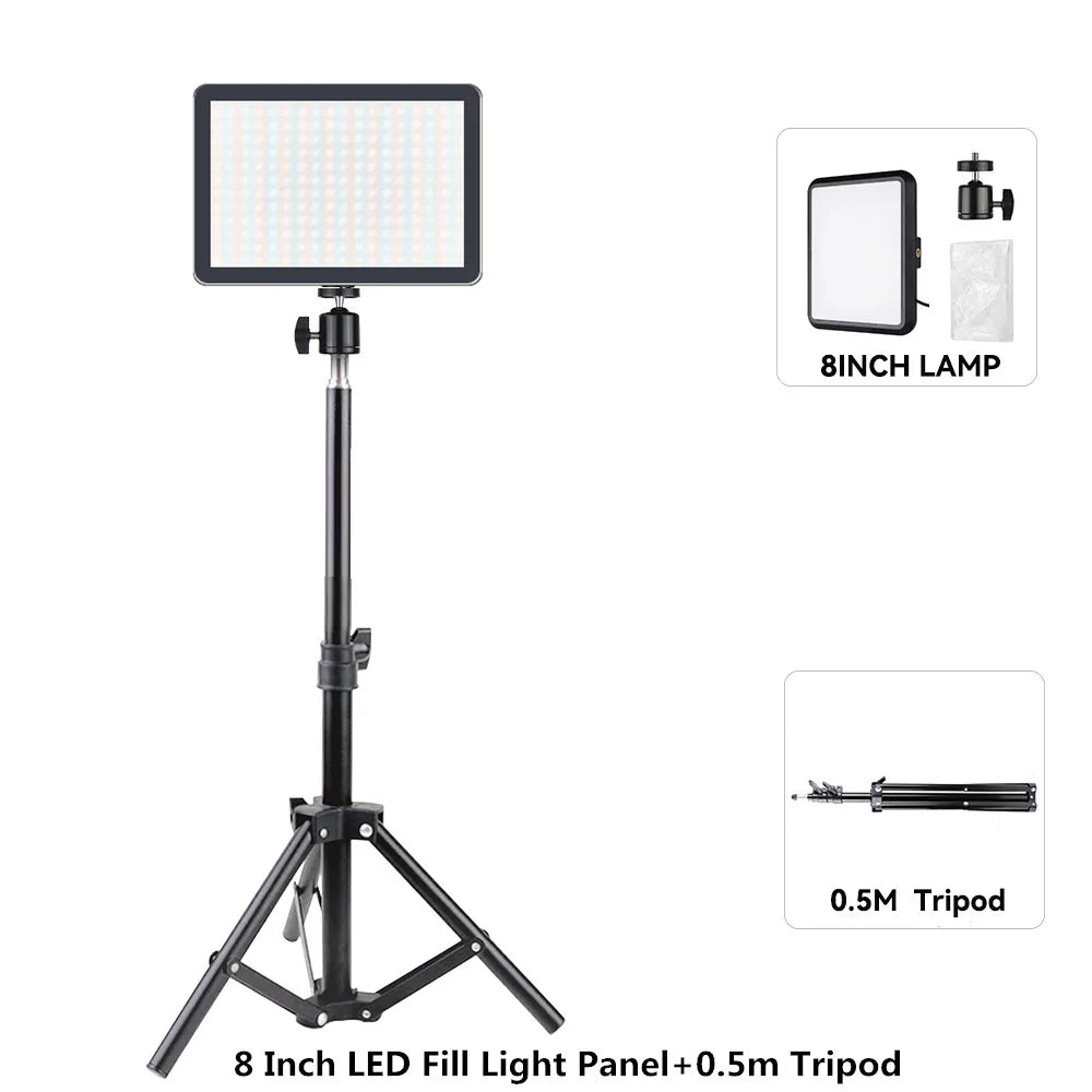 Panel de luz LED para fotografía y video de 8/12 pulgadas, kit de lámpara para estudio fotográfico, transmisión en vivo, grabación y YouTube con trípode.