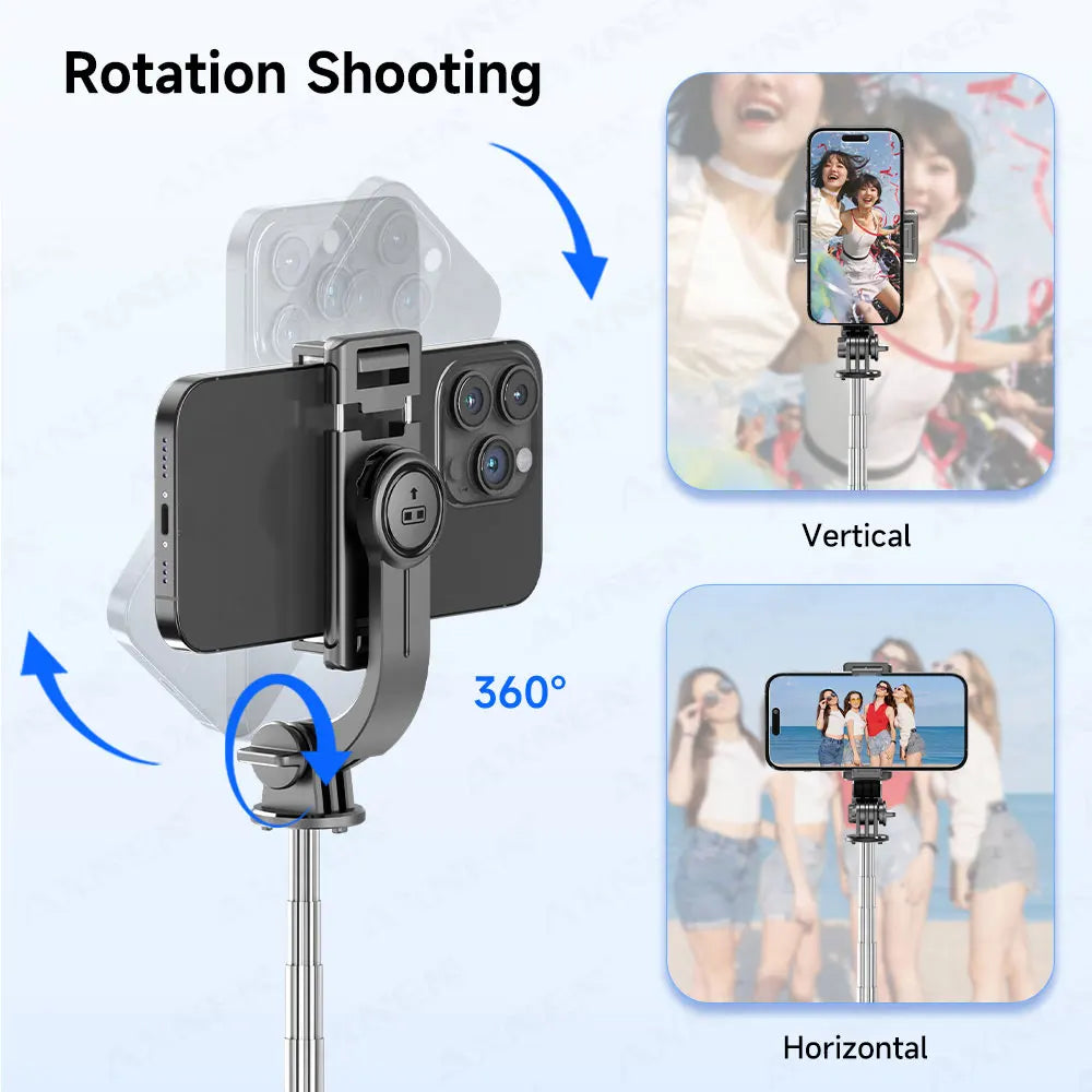 Trípode para selfies con control remoto Bluetooth y rotación de 360° con poste extensible y luz de relleno para iPhone y Android.