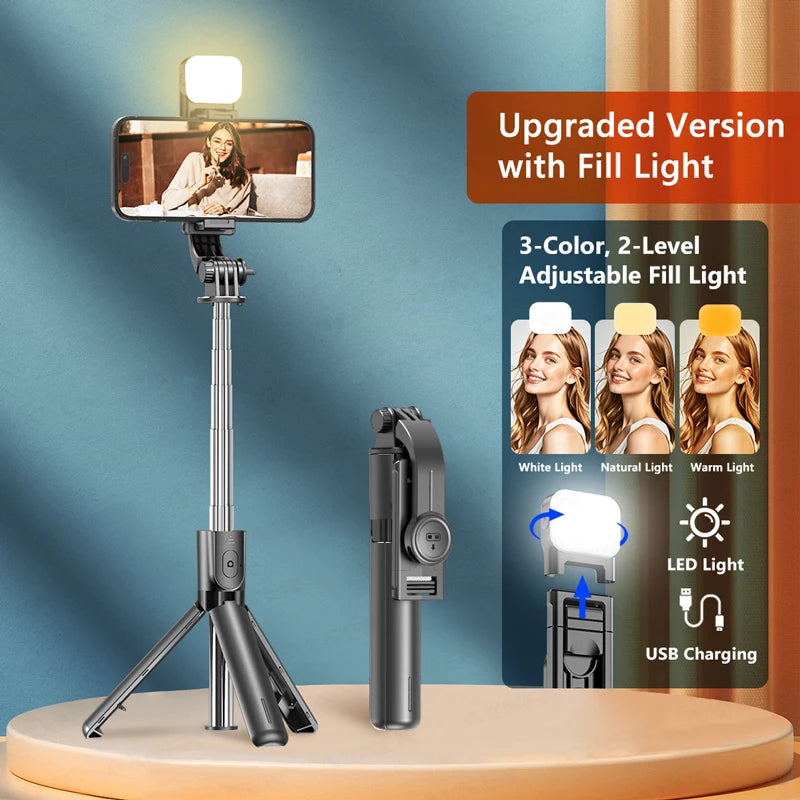 Trípode para selfies con control remoto Bluetooth y rotación de 360° con poste extensible y luz de relleno para iPhone y Android.