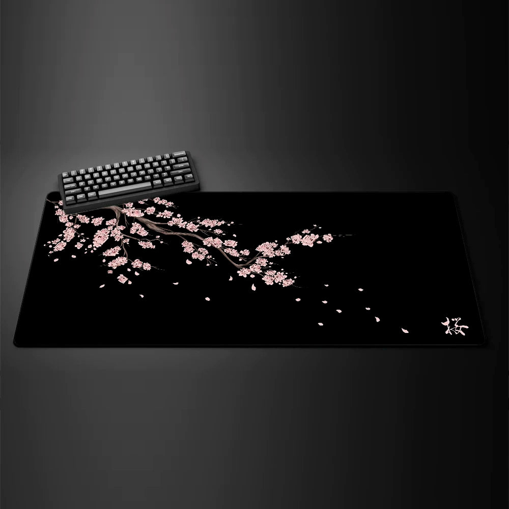 Alfombrilla de ratón Sakura negra, alfombrilla de escritorio morada Kawaii, alfombra de oficina grande, accesorios de flor de cerezo, alfombrillas de ratón para ordenador de juegos.