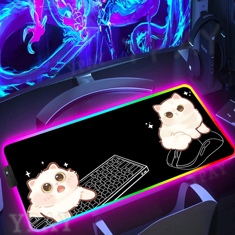 Alfombrilla de ratón RGB con diseño de gato negro, alfombrilla de ratón para juegos con luz LED para PC XXL retroiluminada.