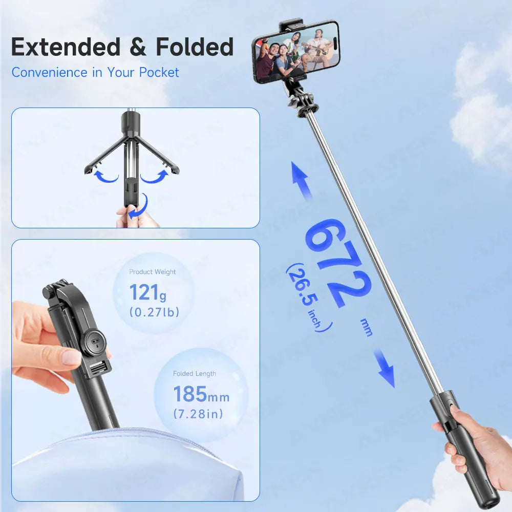 Trípode para selfies con control remoto Bluetooth y rotación de 360° con poste extensible y luz de relleno para iPhone y Android.
