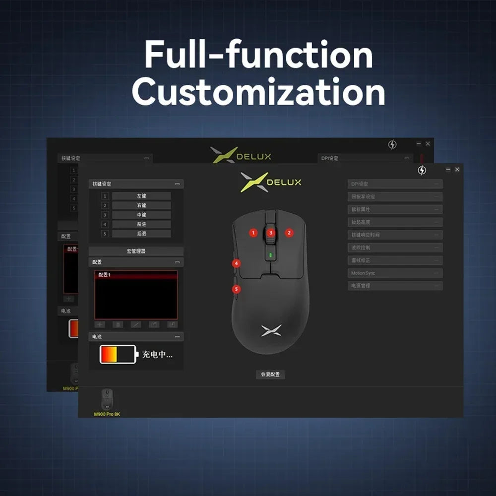 Ratón inalámbrico para juegos Delux M900PRO ergonómico con tasa de sondeo de 8K, PAW3395, 63 g, base de carga magnética RGB para jugadores de PC diestros y grandes.