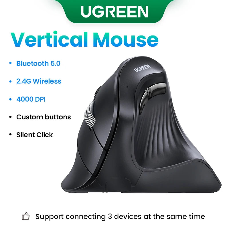 Ratón vertical UGREEN inalámbrico Bluetooth 5.0 2.4G ergonómico 4000DPI 6 botones de silencio para MacBook, tabletas, portátiles, ordenadores y PC.