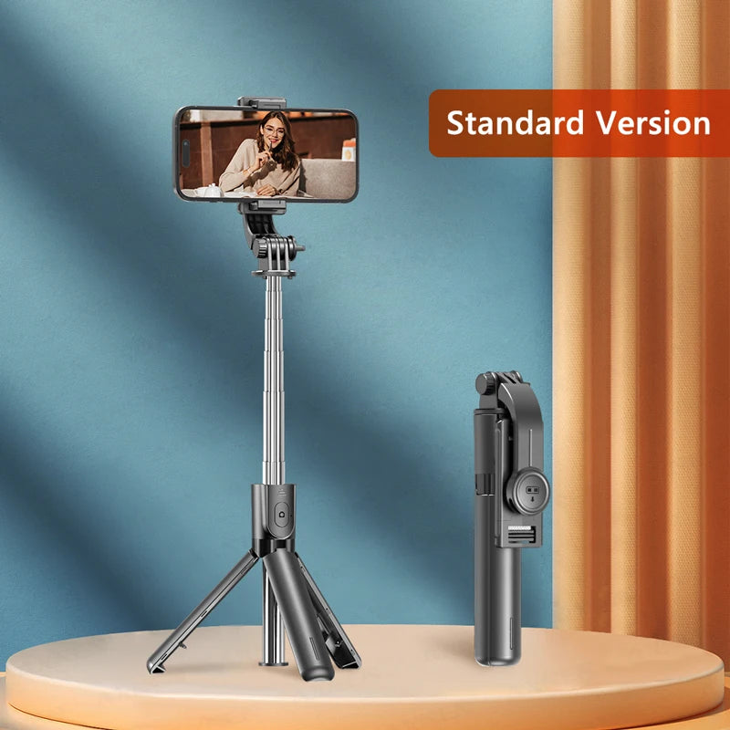 Trípode para selfies con control remoto Bluetooth y rotación de 360° con poste extensible y luz de relleno para iPhone y Android.