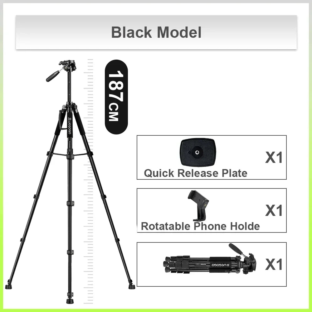 Trípode profesional UEGOGO de altura ajustable con cabezal panorámico de 360° soporta cámaras SLR y teléfonos.