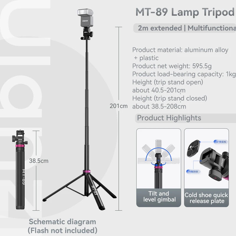 Trípode universal portátil Ulanzi MT-79 de (2)m y soporte de lámpara de aleación de aluminio con luz de relleno LT028 para cámara de acción.
