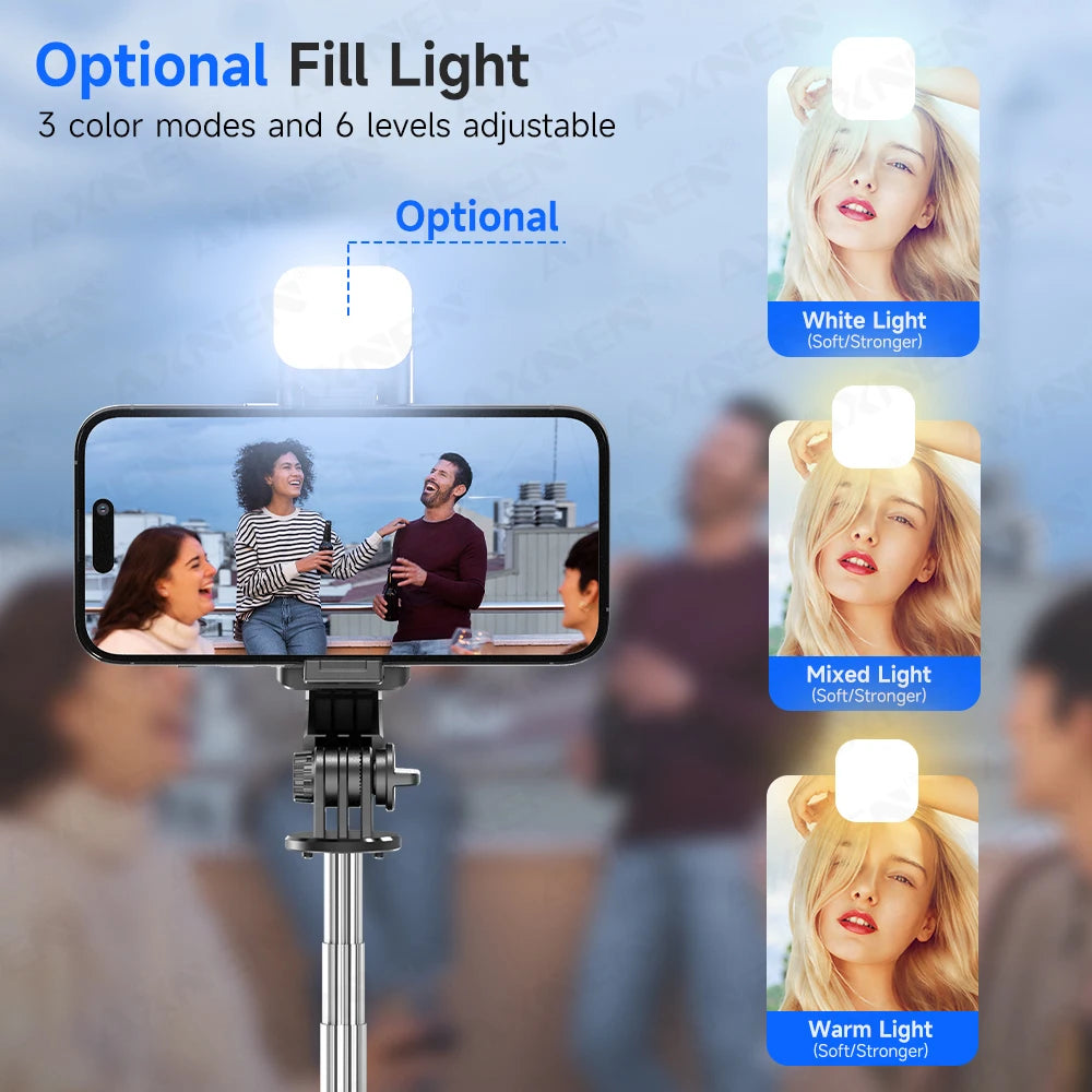 Trípode para selfies con control remoto Bluetooth y rotación de 360° con poste extensible y luz de relleno para iPhone y Android.