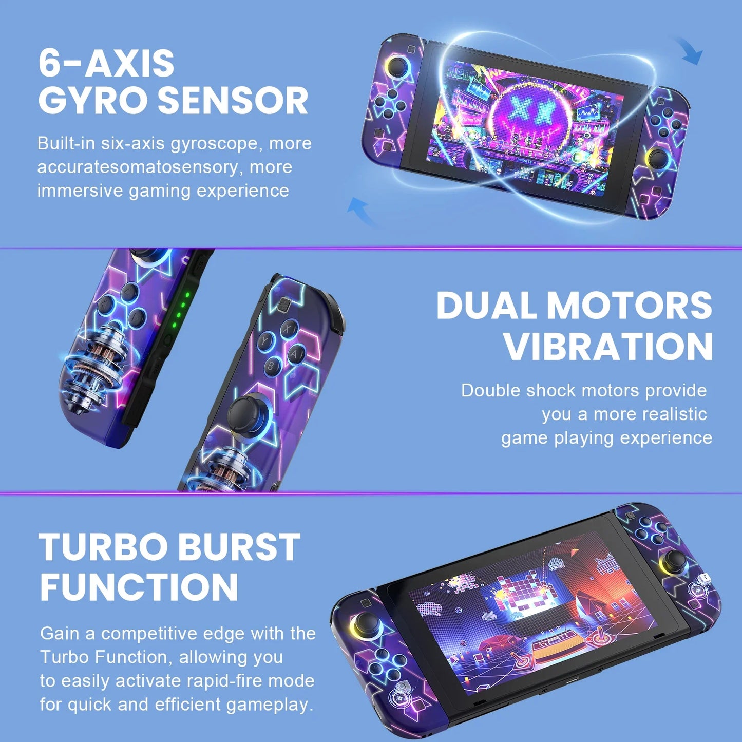 Mando inalámbrico con vibración dual Turbo para Nintendo Switch/OLED/Lite - LED RGB (I/D) Joy-Con
