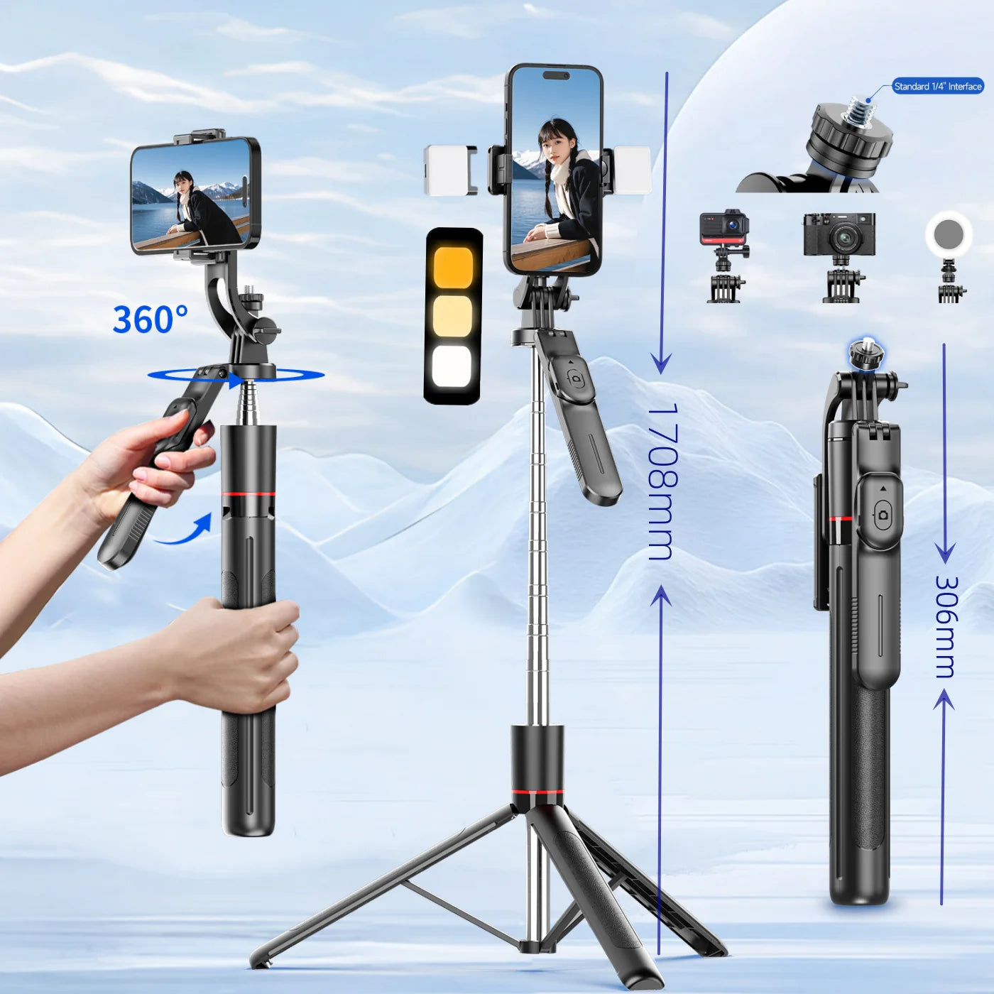 Trípode para selfies MEUYAG con monopié de (1708)mm y control remoto Bluetooth con rotación de 360° e interfaz 1/4 para movil.