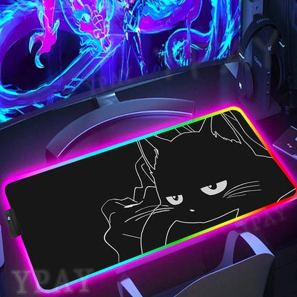 Alfombrilla de ratón RGB con diseño de gato negro, alfombrilla de ratón para juegos con luz LED para PC XXL retroiluminada.