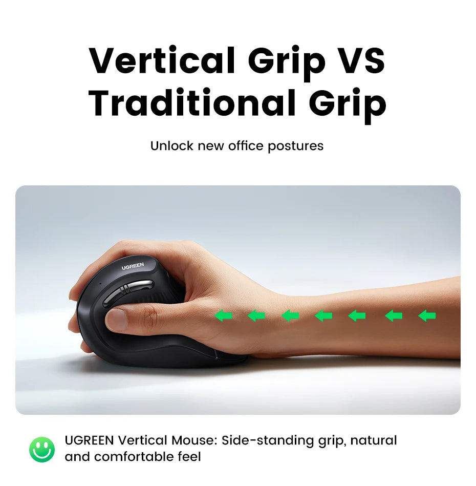 Ratón vertical UGREEN inalámbrico Bluetooth 5.0 2.4G ergonómico 4000DPI 6 botones de silencio para MacBook, tabletas, portátiles, ordenadores y PC.
