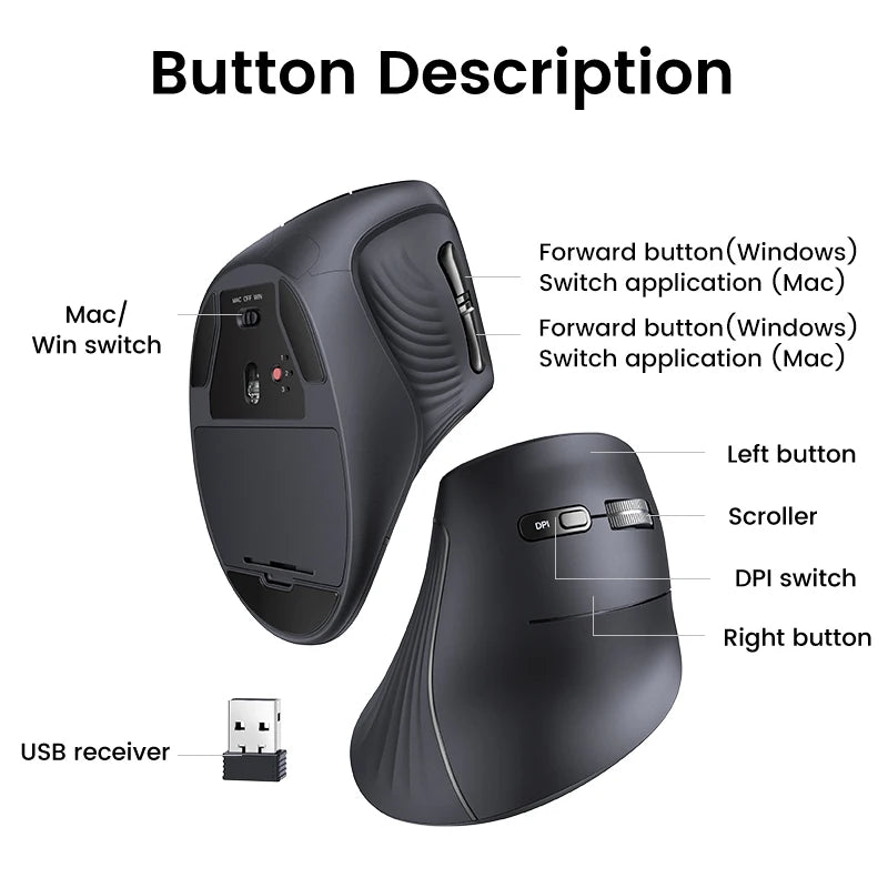Ratón vertical UGREEN inalámbrico Bluetooth 5.0 2.4G ergonómico 4000DPI 6 botones de silencio para MacBook, tabletas, portátiles, ordenadores y PC.