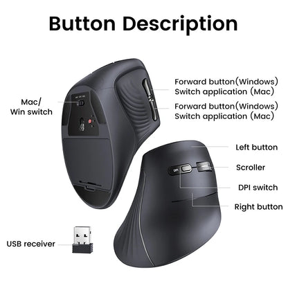 Ratón vertical UGREEN inalámbrico Bluetooth 5.0 2.4G ergonómico 4000DPI 6 botones de silencio para MacBook, tabletas, portátiles, ordenadores y PC.
