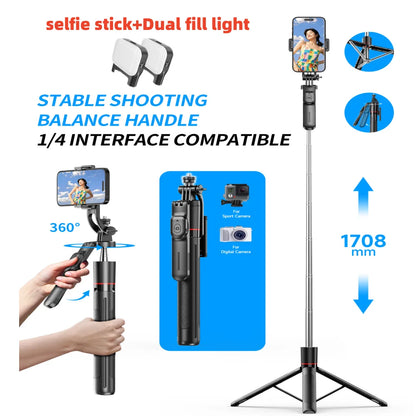 Trípode para selfies MEUYAG con monopié de (1708)mm y control remoto Bluetooth con rotación de 360° e interfaz 1/4 para movil.