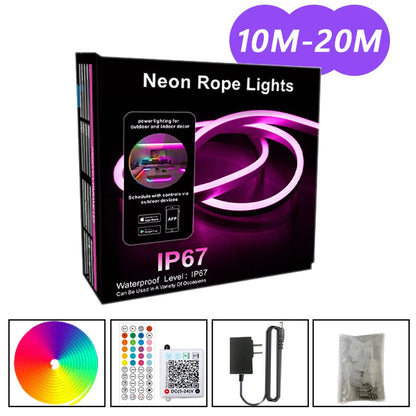 Tira de luz LED de neón RGB 3535 con enchufe europeo, 24 V CC, 5/10/15/20/30 m, sincronización de música por Bluetooth, resistente al agua para decoración de interiores y exteriores