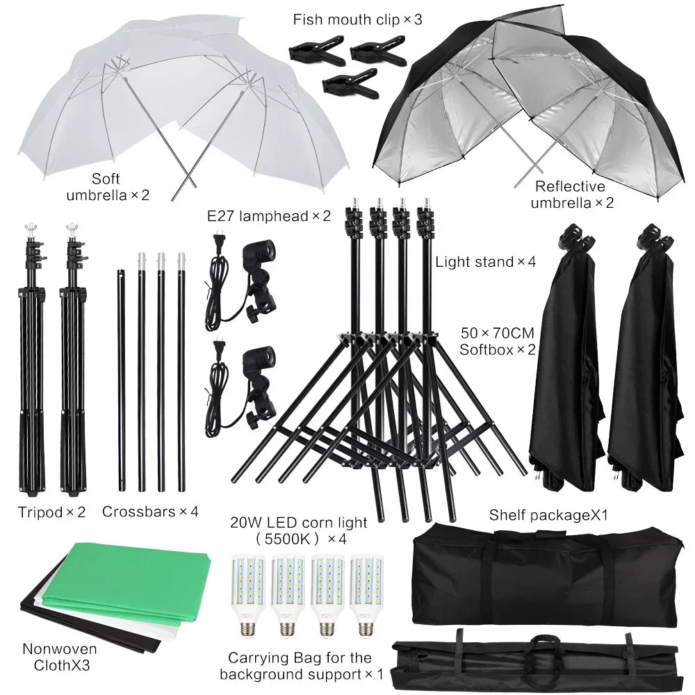 Kit de iluminación para estudio fotográfico con softbox, marco de fondo de 2,6 x 3 m, 3 fondos, trípode, tablero reflector y 4 paraguas.