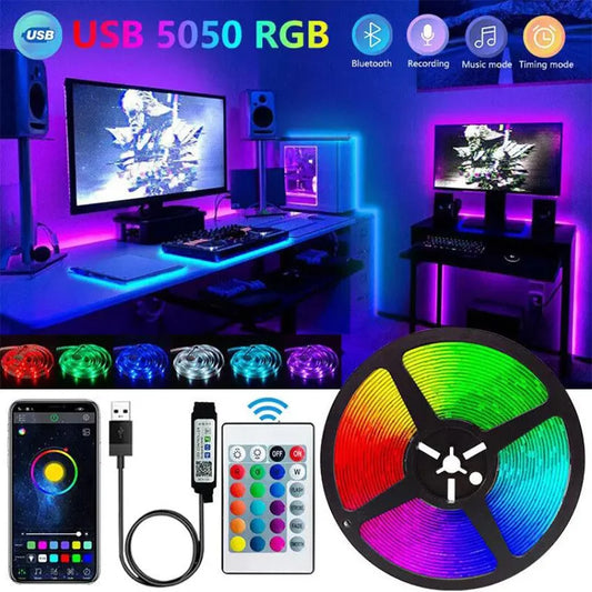 Tira de luces LED Bluetooth SMD 5050 RGB con control remoto por aplicación, cinta de diodos flexible, retroiluminación para TV, sala de juegos y decoración del hogar.