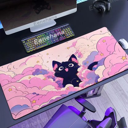 Alfombrilla de ratón con diseño de gato negro en las nubes, estilo kawaii