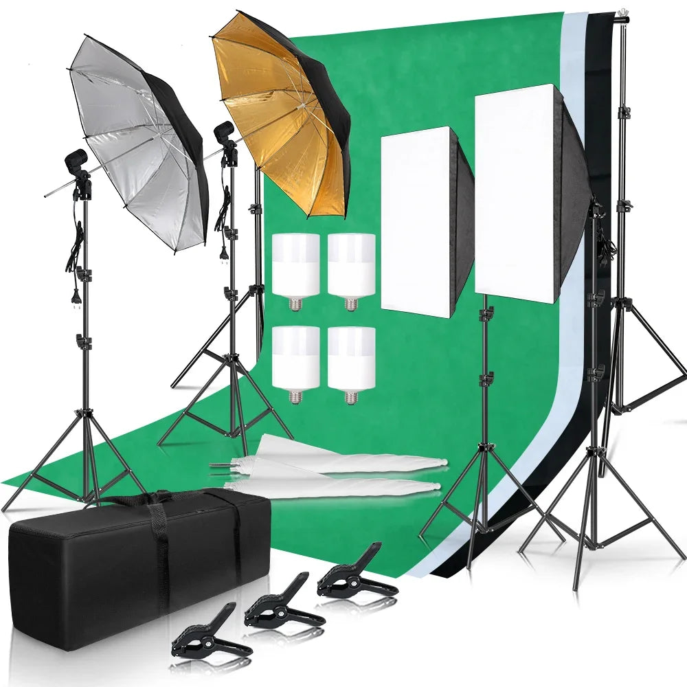 Kit de iluminación para estudio fotográfico con softbox, marco de fondo de 2,6 x 3 m, 3 fondos, trípode, tablero reflector y 4 paraguas.