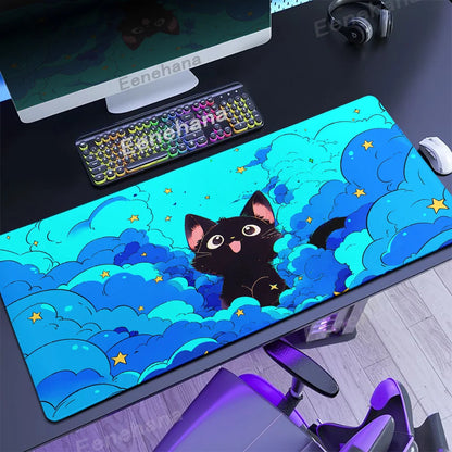 Alfombrilla de ratón con diseño de gato negro en las nubes, estilo kawaii