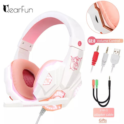 Auriculares QearFun rosas para PC, con cable y micrófono para PS4, Windows, portátiles y teléfonos.