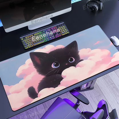 Alfombrilla de ratón con diseño de gato negro en las nubes, estilo kawaii
