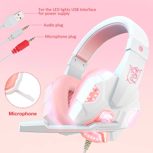 Auriculares QearFun rosas para PC, con cable y micrófono para PS4, Windows, portátiles y teléfonos.
