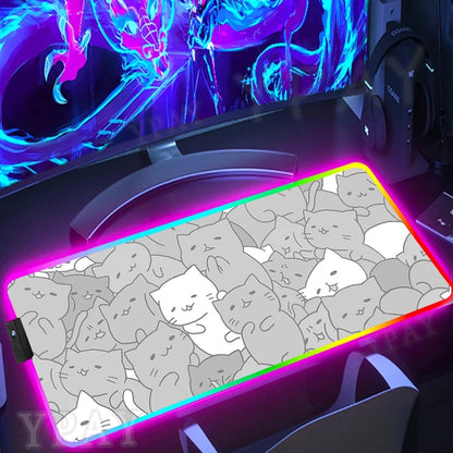Alfombrilla de ratón RGB con diseño de gato negro, alfombrilla de ratón para juegos con luz LED para PC XXL retroiluminada.
