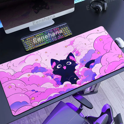 Alfombrilla de ratón con diseño de gato negro en las nubes, estilo kawaii