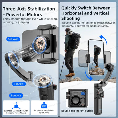 Soporte para teléfono con cardán de 3 ejes, antivibración, para grabar videos y selfies, con estabilizador para teléfonos inteligentes Xiaomi, iPhone y otros dispositivos.