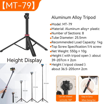 Trípode universal portátil Ulanzi MT-79 de (2)m y soporte de lámpara de aleación de aluminio con luz de relleno LT028 para cámara de acción.