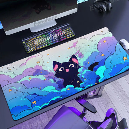Alfombrilla de ratón con diseño de gato negro en las nubes, estilo kawaii