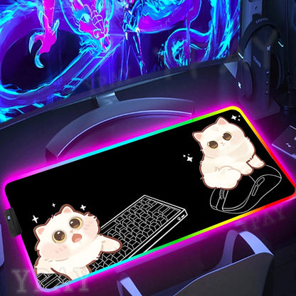 Alfombrilla de ratón RGB con diseño de gato negro, alfombrilla de ratón para juegos con luz LED para PC XXL retroiluminada.