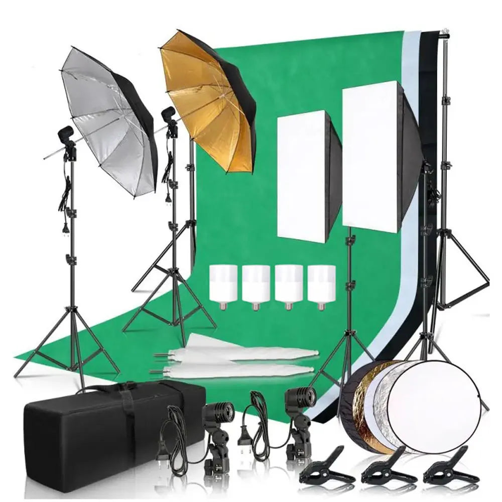 Kit de iluminación para estudio fotográfico con softbox, marco de fondo de 2,6 x 3 m, 3 fondos, trípode, tablero reflector y 4 paraguas.