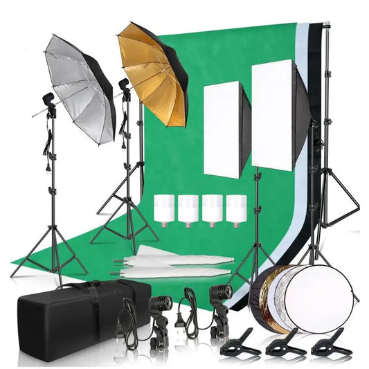 Kit de iluminación para estudio fotográfico con softbox, marco de fondo de 2,6 x 3 m, 3 fondos, trípode, tablero reflector y 4 paraguas.