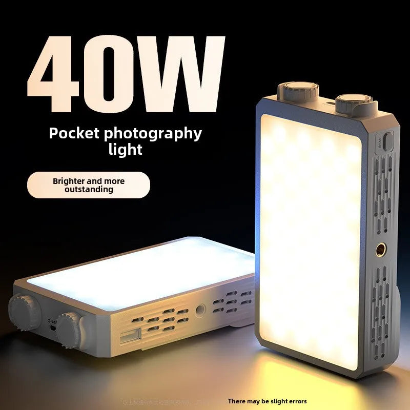 Luz de vídeo LED portátil de 40W, mini luz de relleno portátil pequeña con batería recargable incorporada, que puede cargar teléfonos móviles PD