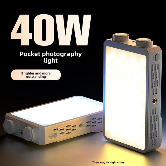 Luz de vídeo LED portátil de 40W, mini luz de relleno portátil pequeña con batería recargable incorporada, que puede cargar teléfonos móviles PD