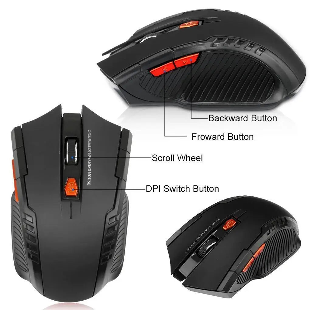 Ratón inalámbrico de 2,4 GHz y 1600 DPI, ratón óptico para juegos, 6 botones, receptor USB, accesorios para PC y portátiles.