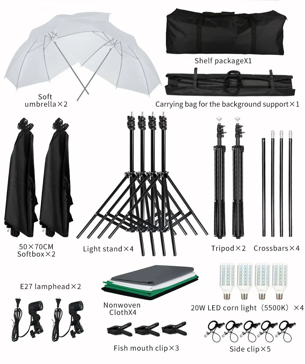 Kit de iluminación para estudio fotográfico con softbox, marco de fondo de 2,6 x 3 m, 3 fondos, trípode, tablero reflector y 4 paraguas.