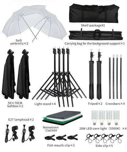 Kit de iluminación para estudio fotográfico con softbox, marco de fondo de 2,6 x 3 m, 3 fondos, trípode, tablero reflector y 4 paraguas.