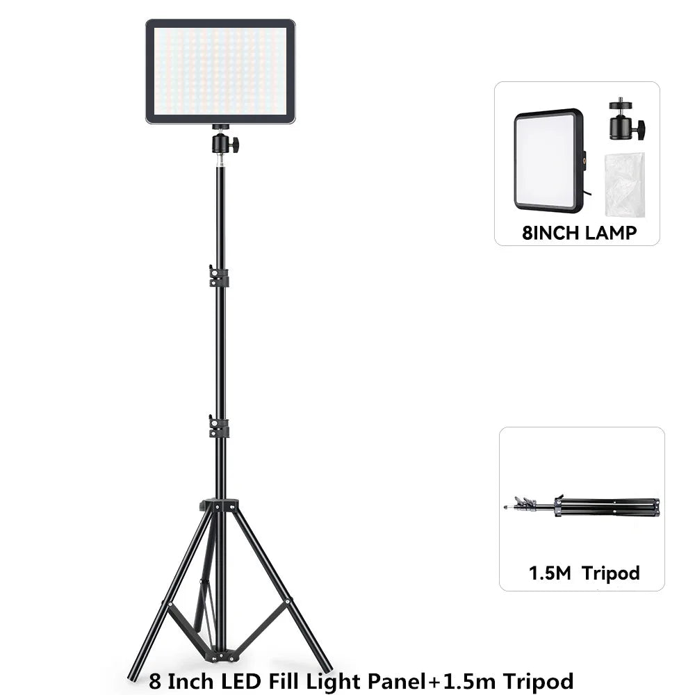 Panel de luz LED para fotografía y video de 8/12 pulgadas, kit de lámpara para estudio fotográfico, transmisión en vivo, grabación y YouTube con trípode.