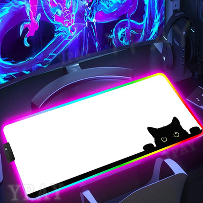 Alfombrilla de ratón RGB con diseño de gato negro, alfombrilla de ratón para juegos con luz LED para PC XXL retroiluminada.