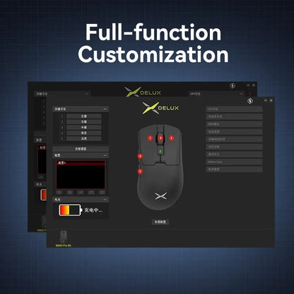 Ratón inalámbrico para juegos Delux M900PRO ergonómico con tasa de sondeo de 8K, PAW3395, 63 g, base de carga magnética RGB para jugadores de PC diestros y grandes.