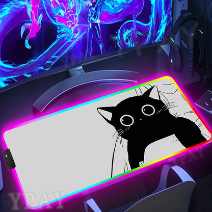 Alfombrilla de ratón RGB con diseño de gato negro, alfombrilla de ratón para juegos con luz LED para PC XXL retroiluminada.
