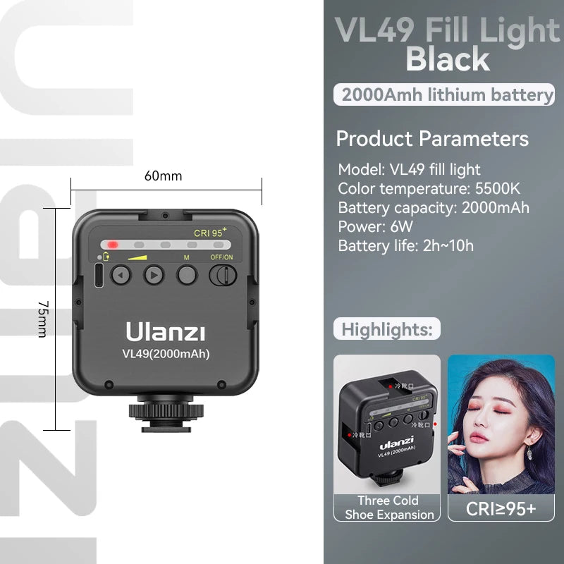 Mini luz de relleno LED Ulanzi VL49 de 6 W y 2000 mAh, 5500 K, con zoom, para fotografía, video, selfis y teléfonos.