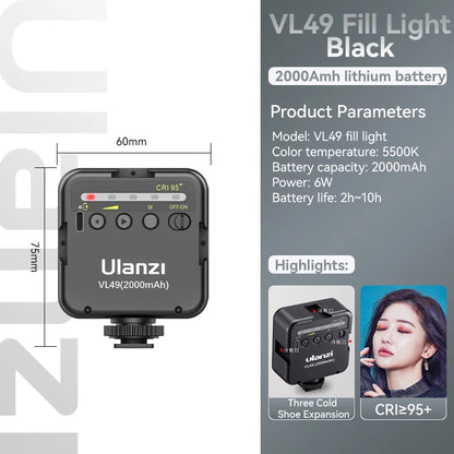 Mini luz de relleno LED Ulanzi VL49 de 6 W y 2000 mAh, 5500 K, con zoom, para fotografía, video, selfis y teléfonos.