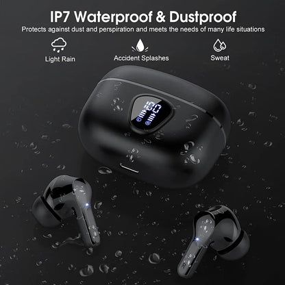 Auriculares inalámbricos estéreo HiFi BT5.3 con cancelación de ruido ENC, pantalla LED de 48 horas y resistencia al agua IP7.